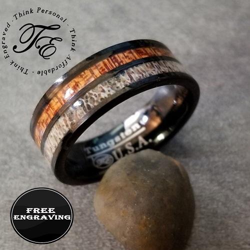 Personalized Men's Tungsten Wedding Band - Wood and Deer Antler Inlays