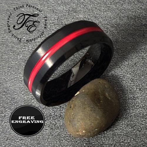 Personalized Men's Wedding Band With Thin Red Line Groove
