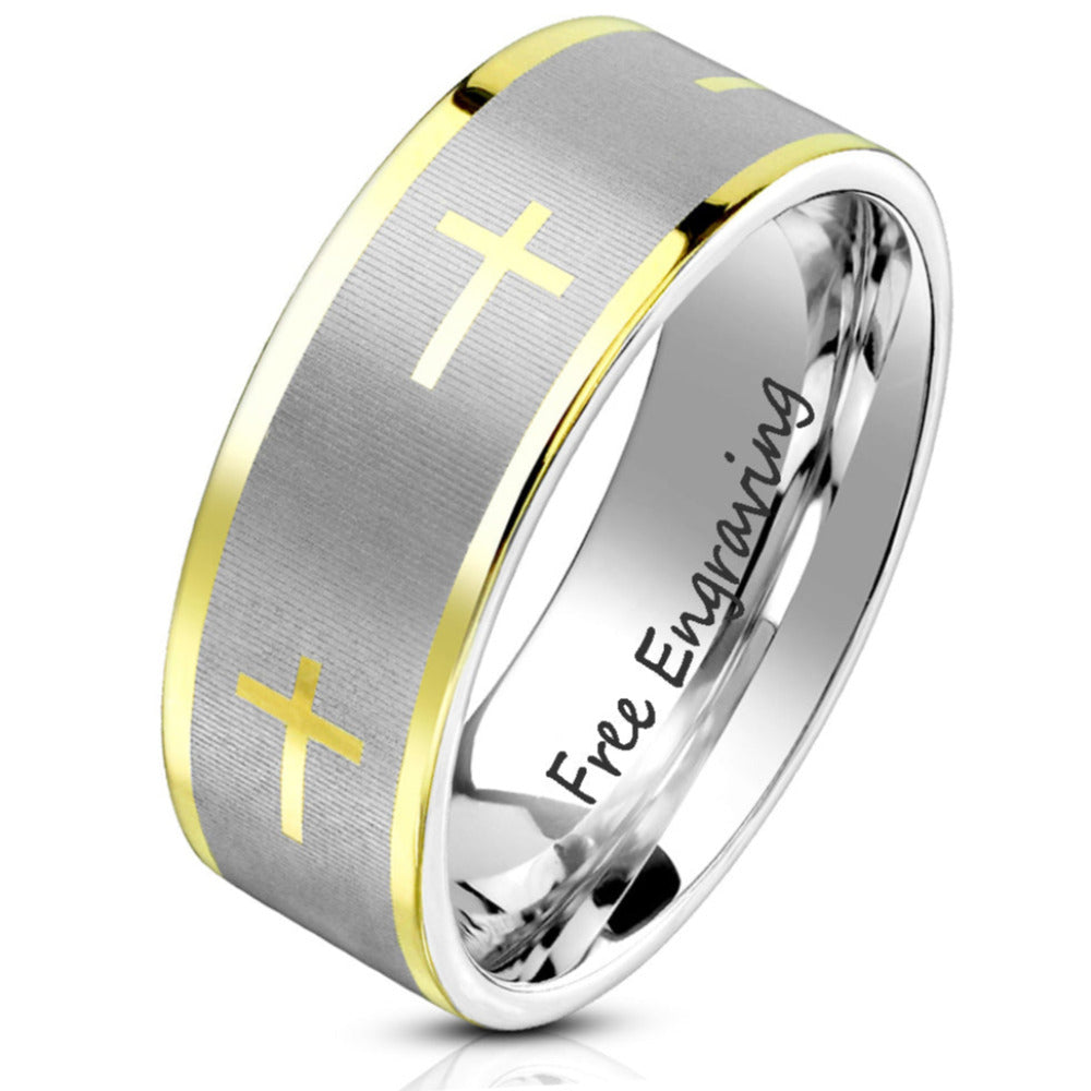 Custom Engraved Men's Christian Cross Wedding Ring - Engraved Handwriting Ring For Guys