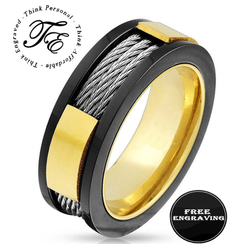 Personalized Engraved Men's Cable Wire Inlay Wedding Ring - Handwriting Ring