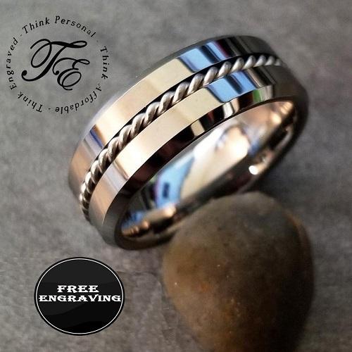 Personalized Men's Real Tungsten Wedding Band - Beveled Wire Cable Inlay