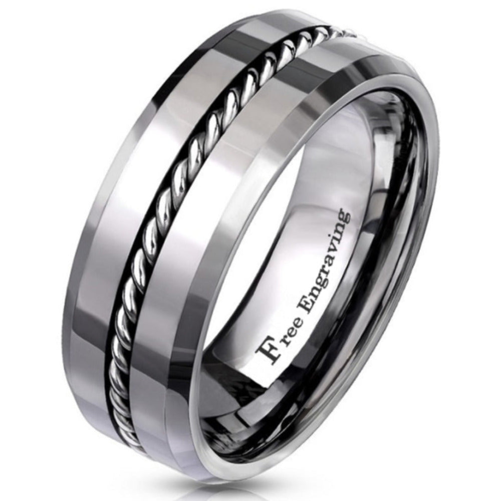 Personalized Men's Real Tungsten Wedding Band - Beveled Wire Cable Inlay