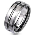 Personalized Men's Real Tungsten Wedding Band - Beveled Wire Cable Inlay