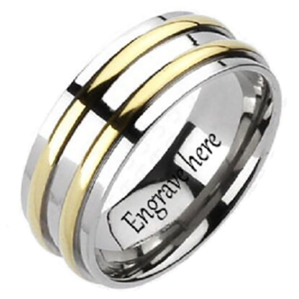 Personalized Men's Titanium Wedding Band - Gold Filled Double Grooved