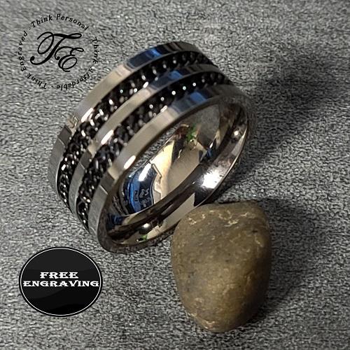 Personalized Men's Titanium Wedding Band - Silver With Double Chain Inlays