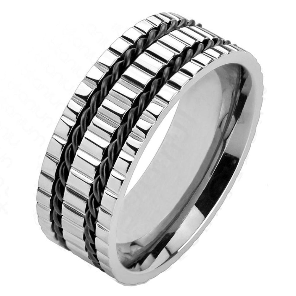 Personalized Men's Titanium Wedding Band - Silver With Double Wire Inlays