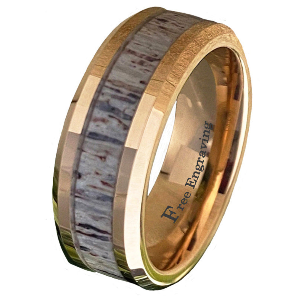 Personalized Men's Tungsten Wedding Band - Deer Antler 14k Rose Gold ip