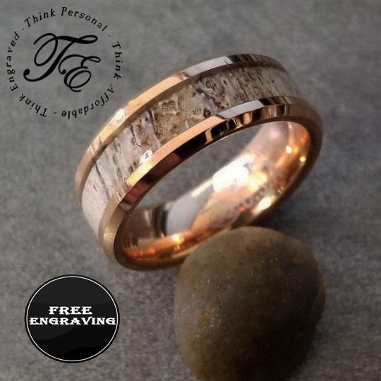 Personalized Men's Tungsten Wedding Band - Deer Antler 14k Rose Gold ip