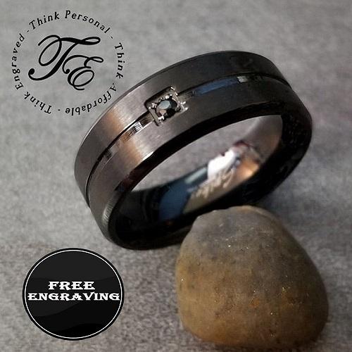 Personalized Men's Wedding Ring Band - Beveled, Grooved Black Gem Stainless Steel