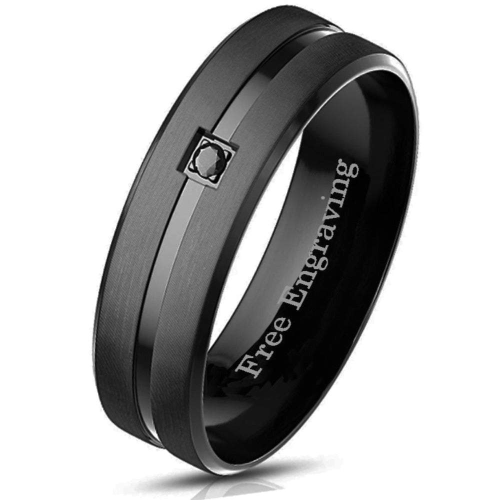 Personalized Men's Wedding Ring Band - Beveled, Grooved Black Gem Stainless Steel