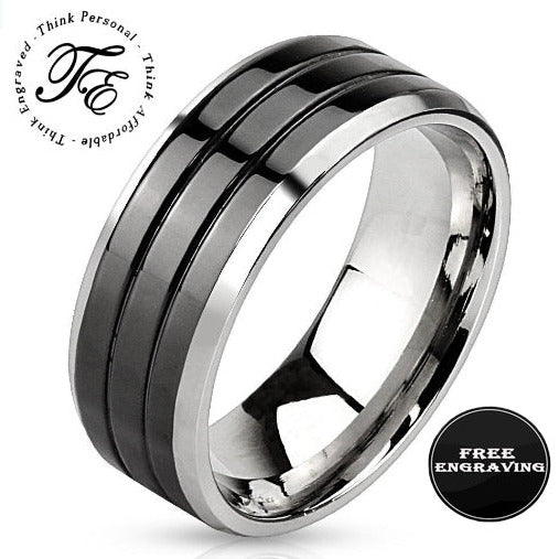 Personalized Men's Wedding Band - Double Grooved Stainless Steel