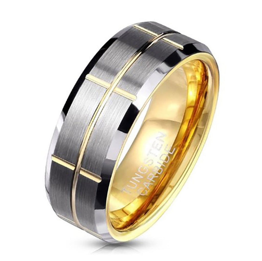 Personalized Men's Promise Ring - Grooved 14k Gold Over Real Tungsten