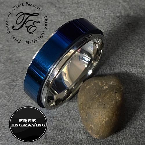 Personalized Men's Wedding Band - Silver and Blue Fidget Spinner Ring