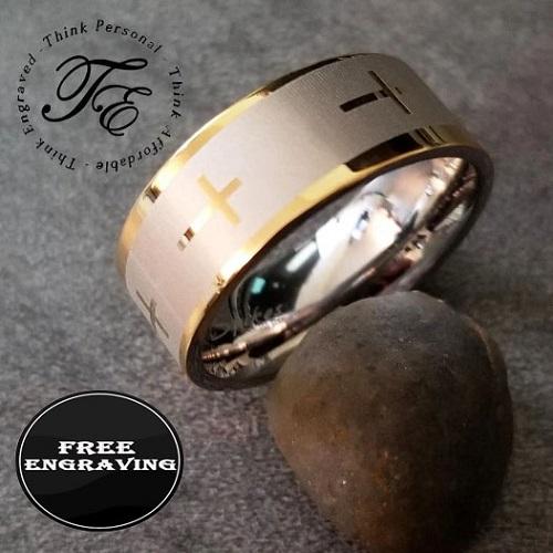 Custom Engraved Men's Christian Cross Wedding Ring - Engraved Handwriting Ring For Guys