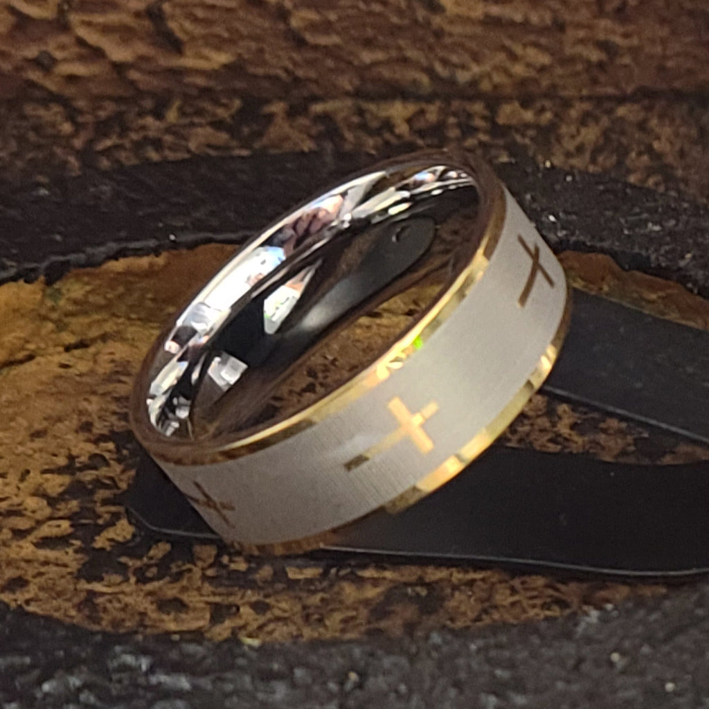 Custom Engraved Men's Christian Cross Wedding Ring - Engraved Handwriting Ring For Guys