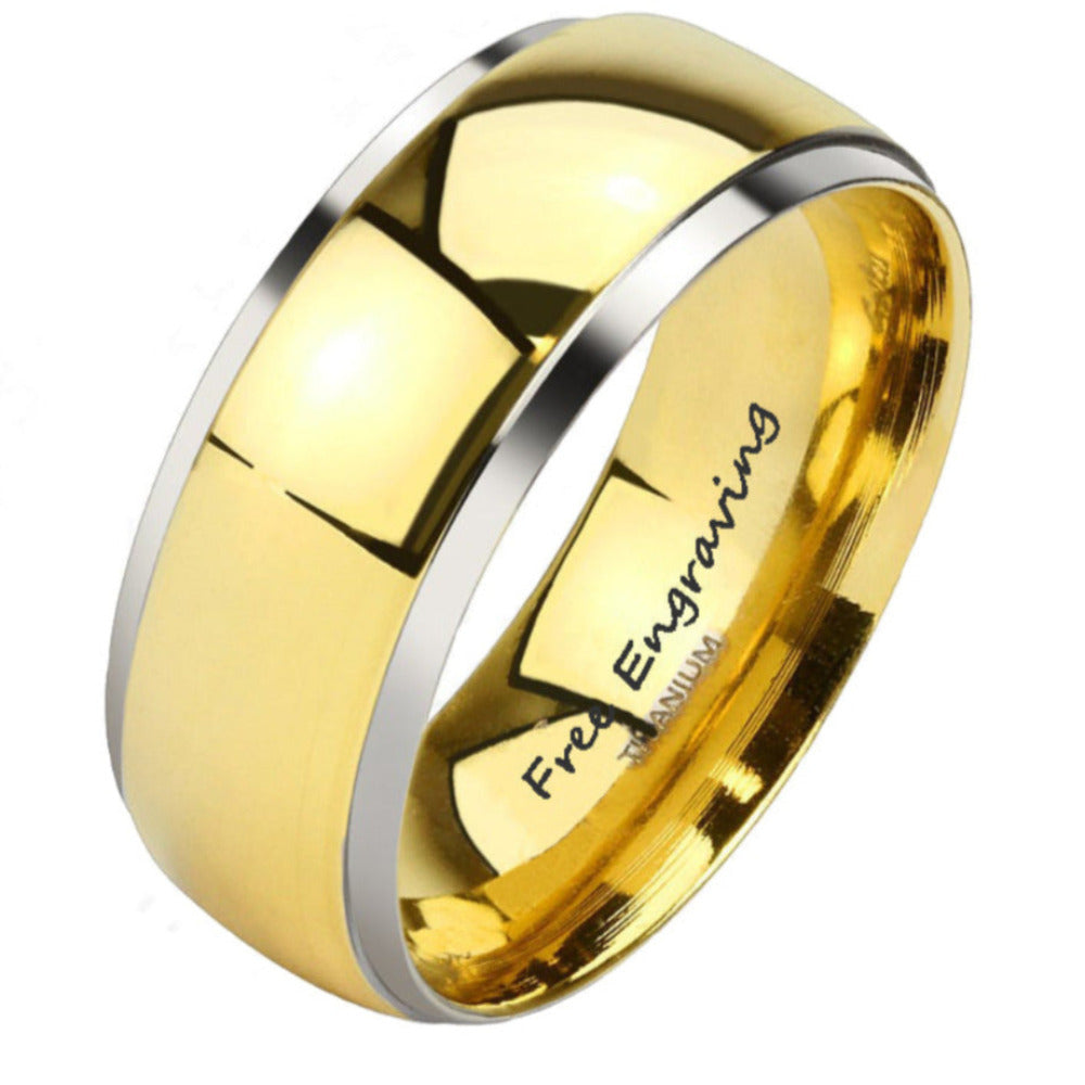 Engraved Men's Titanium Wedding Band - Beveled 14k Gold Over Titanium