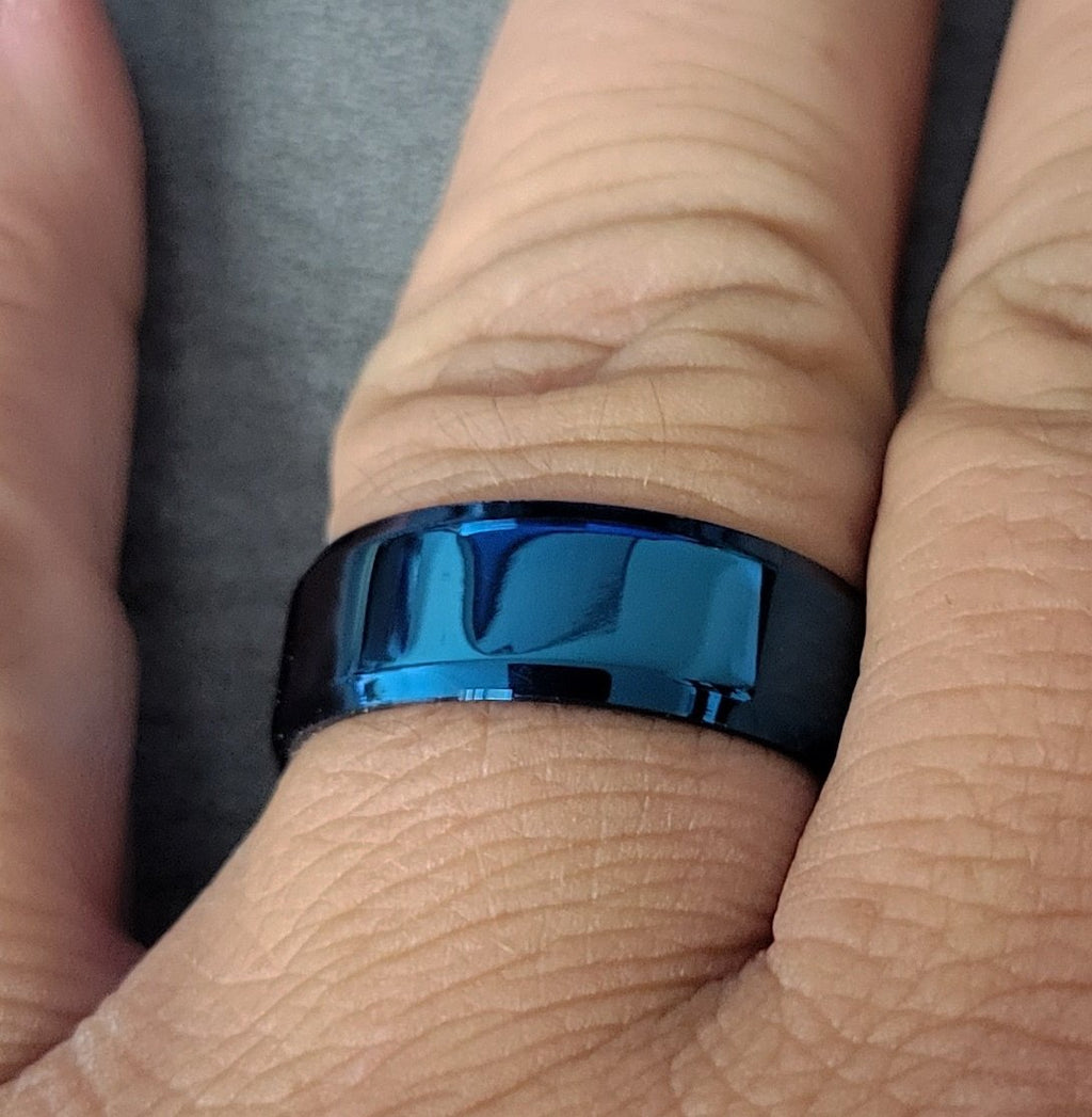 Men's Custom Engraved Blue Wedding Ring - Personalized Handwriting Ring For Guy's