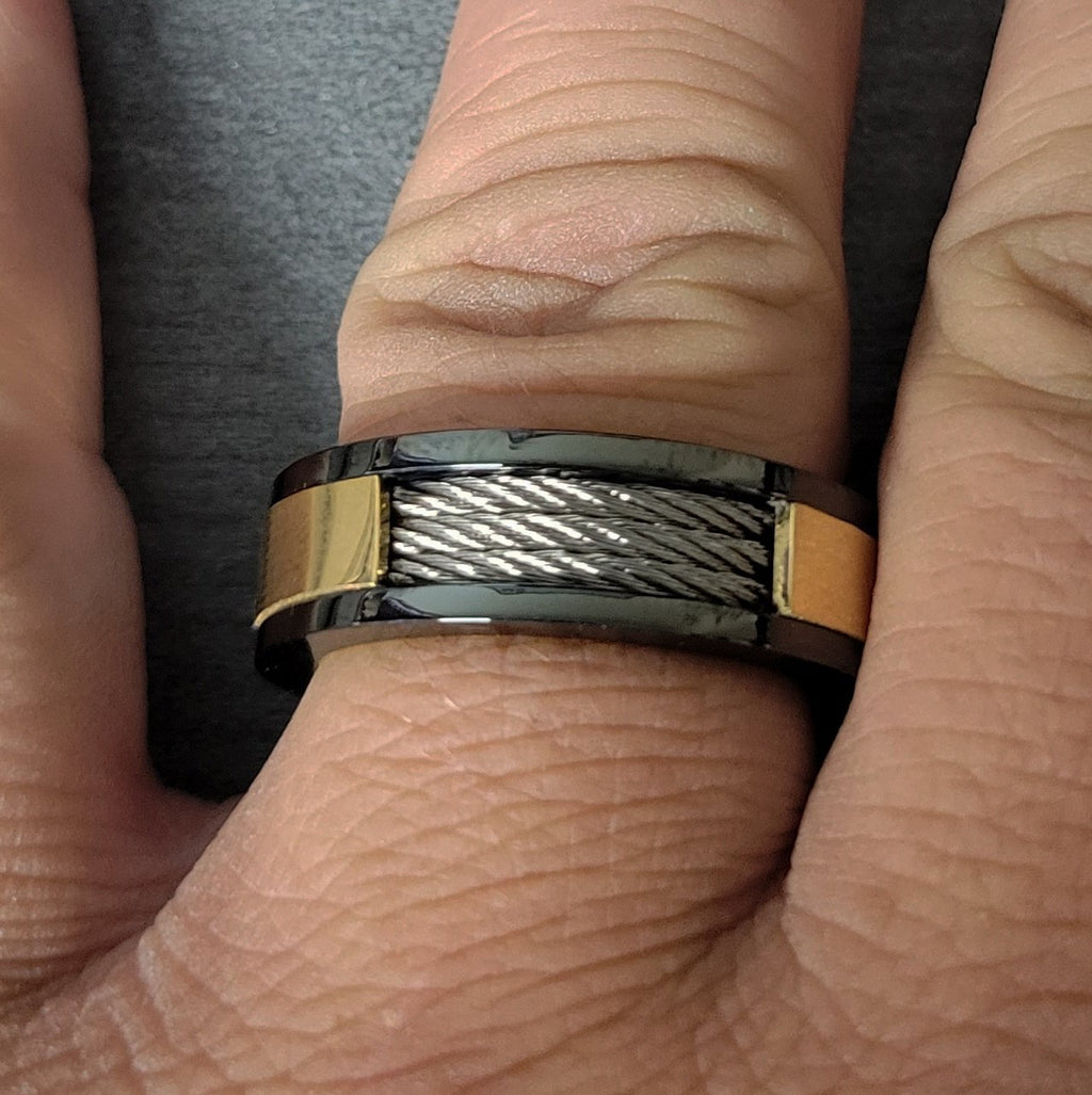 Personalized Engraved Men's Cable Wire Inlay Wedding Ring - Handwriting Ring