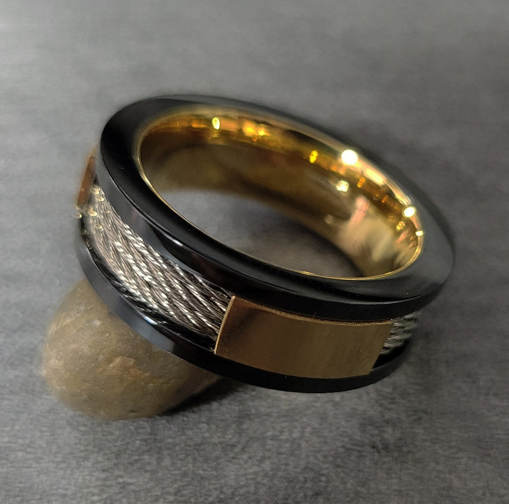 Personalized Engraved Men's Cable Wire Inlay Wedding Ring - Handwriting Ring
