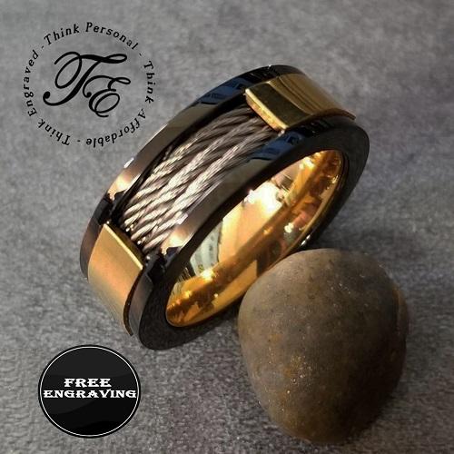 Personalized Engraved Men's Cable Wire Inlay Wedding Ring - Handwriting Ring