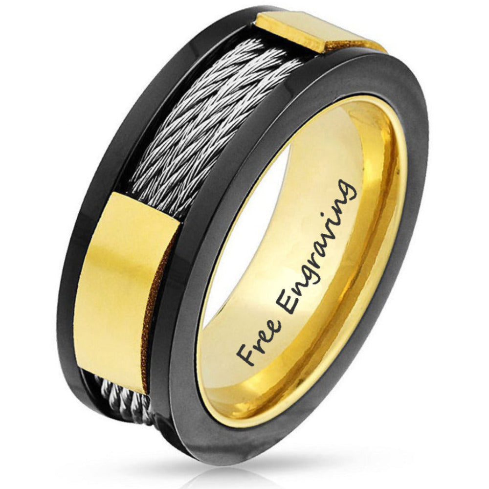 Personalized Engraved Men's Cable Wire Inlay Wedding Ring - Handwriting Ring