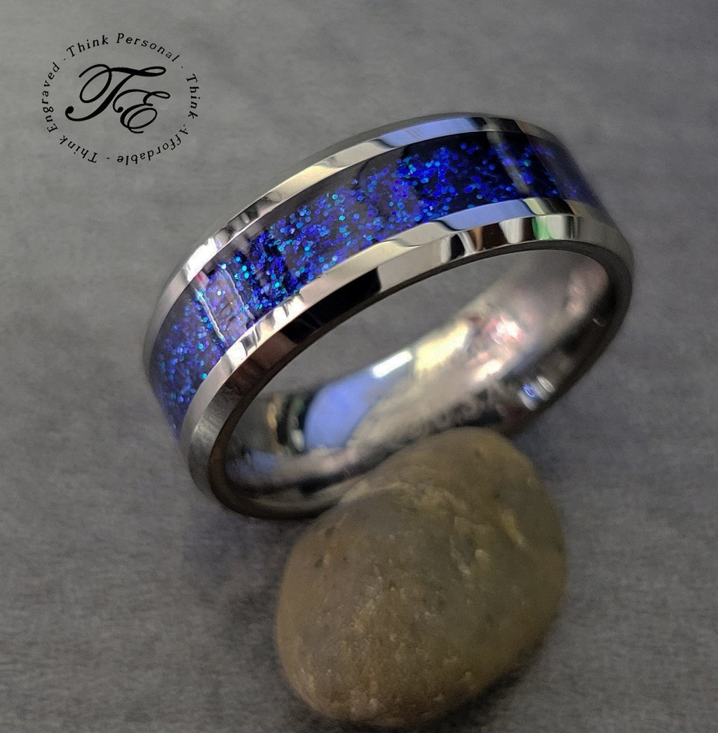 Personalized Engraved Men's Ice Blue Opal Tungsten Wedding Ring