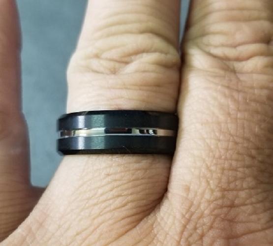 Personalized Men's Black Silver Line Tungsten Wedding Band - Handwriting Ring