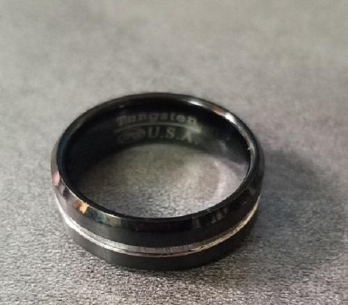Personalized Men's Black Silver Line Tungsten Wedding Band - Handwriting Ring