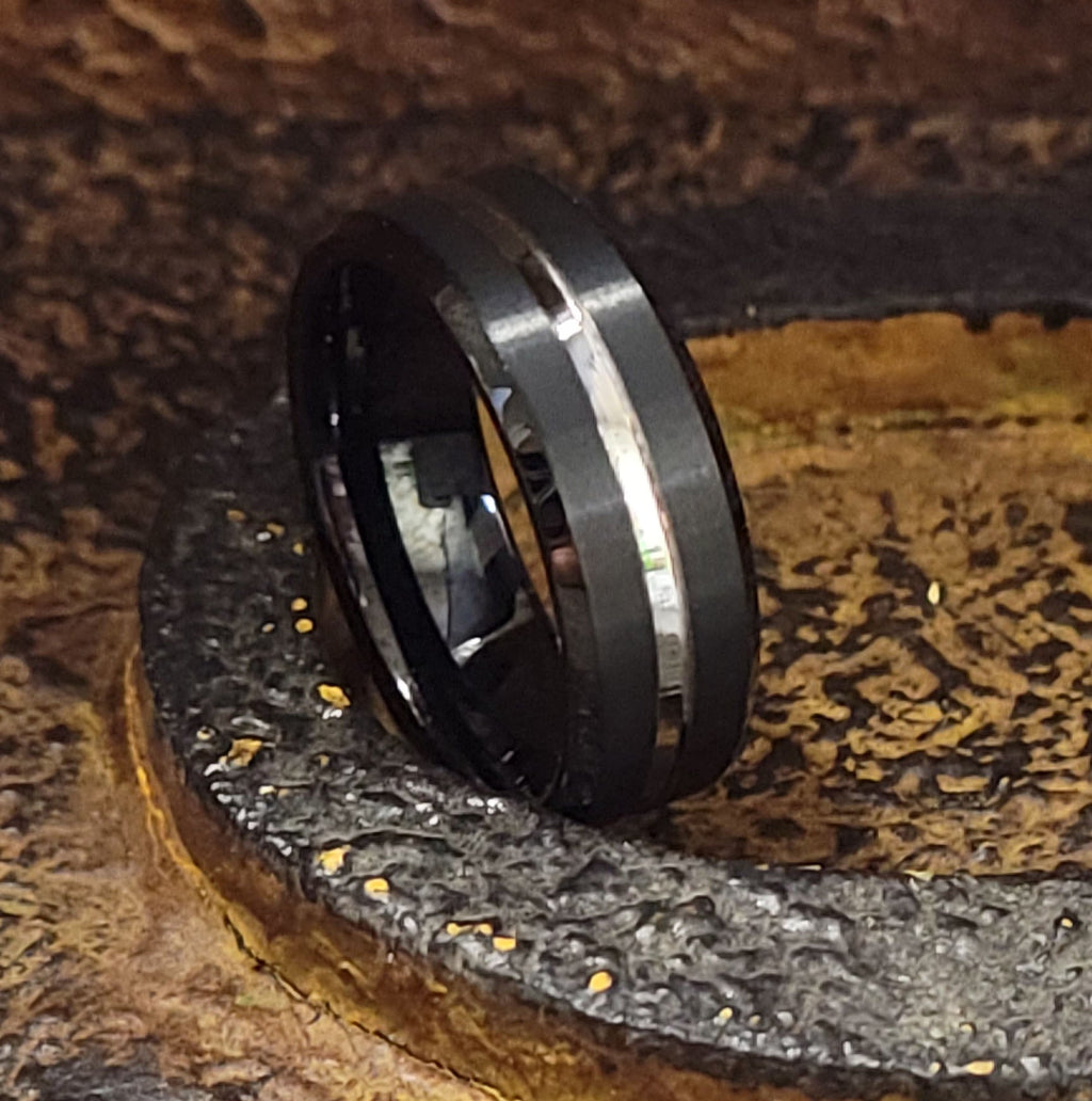 Personalized Men's Black Silver Line Tungsten Wedding Band - Handwriting Ring
