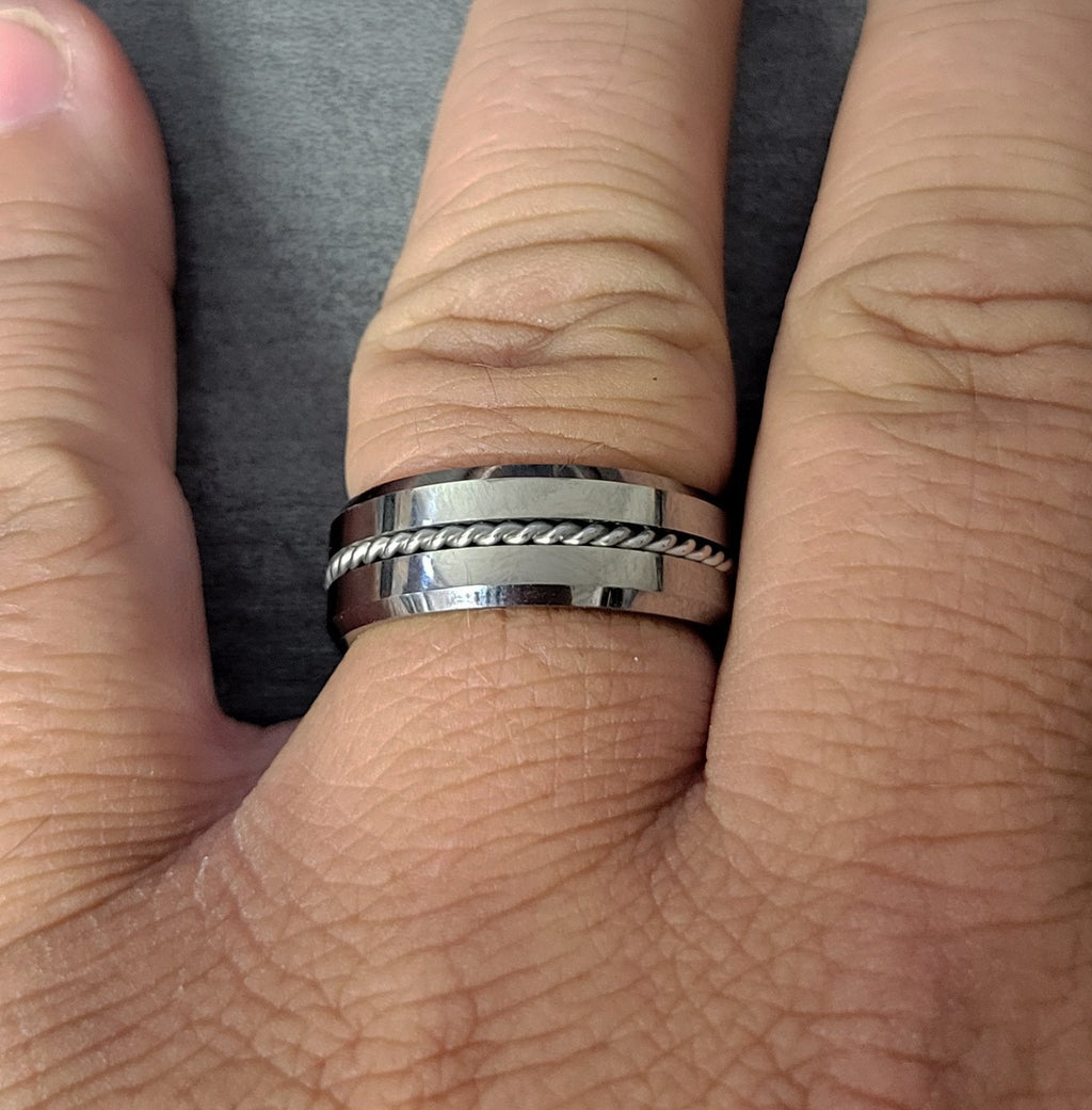 Personalized Men's Real Tungsten Wedding Band - Beveled Wire Cable Inlay