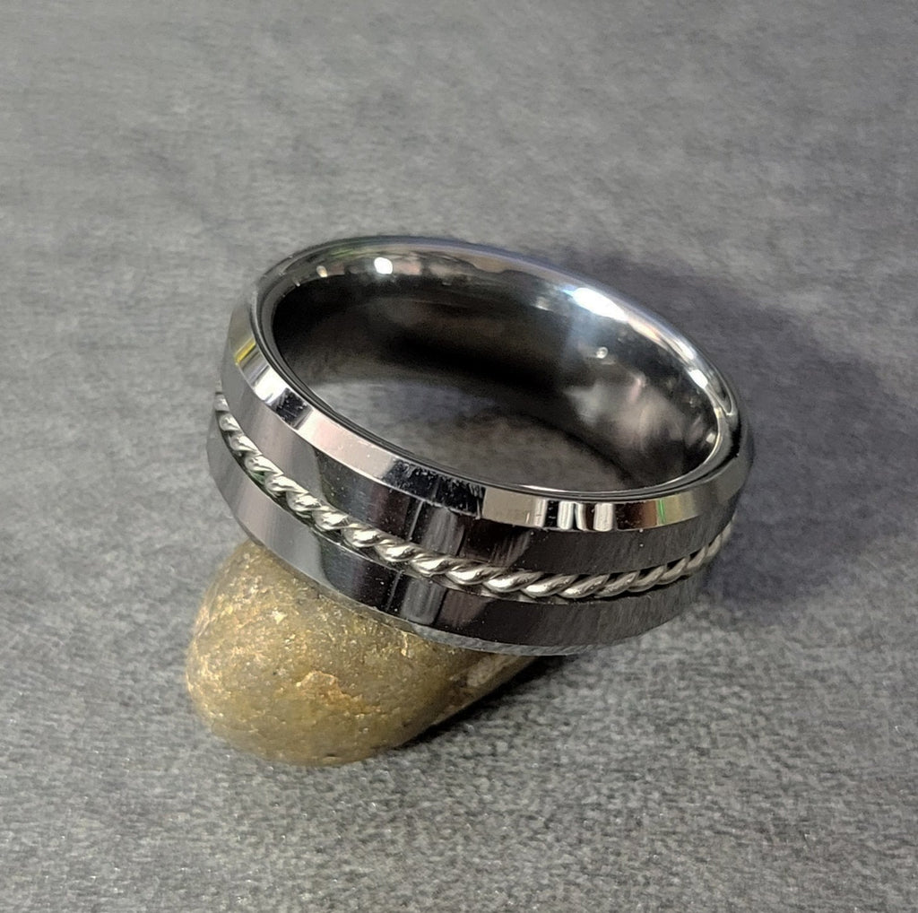 Personalized Men's Real Tungsten Wedding Band - Beveled Wire Cable Inlay
