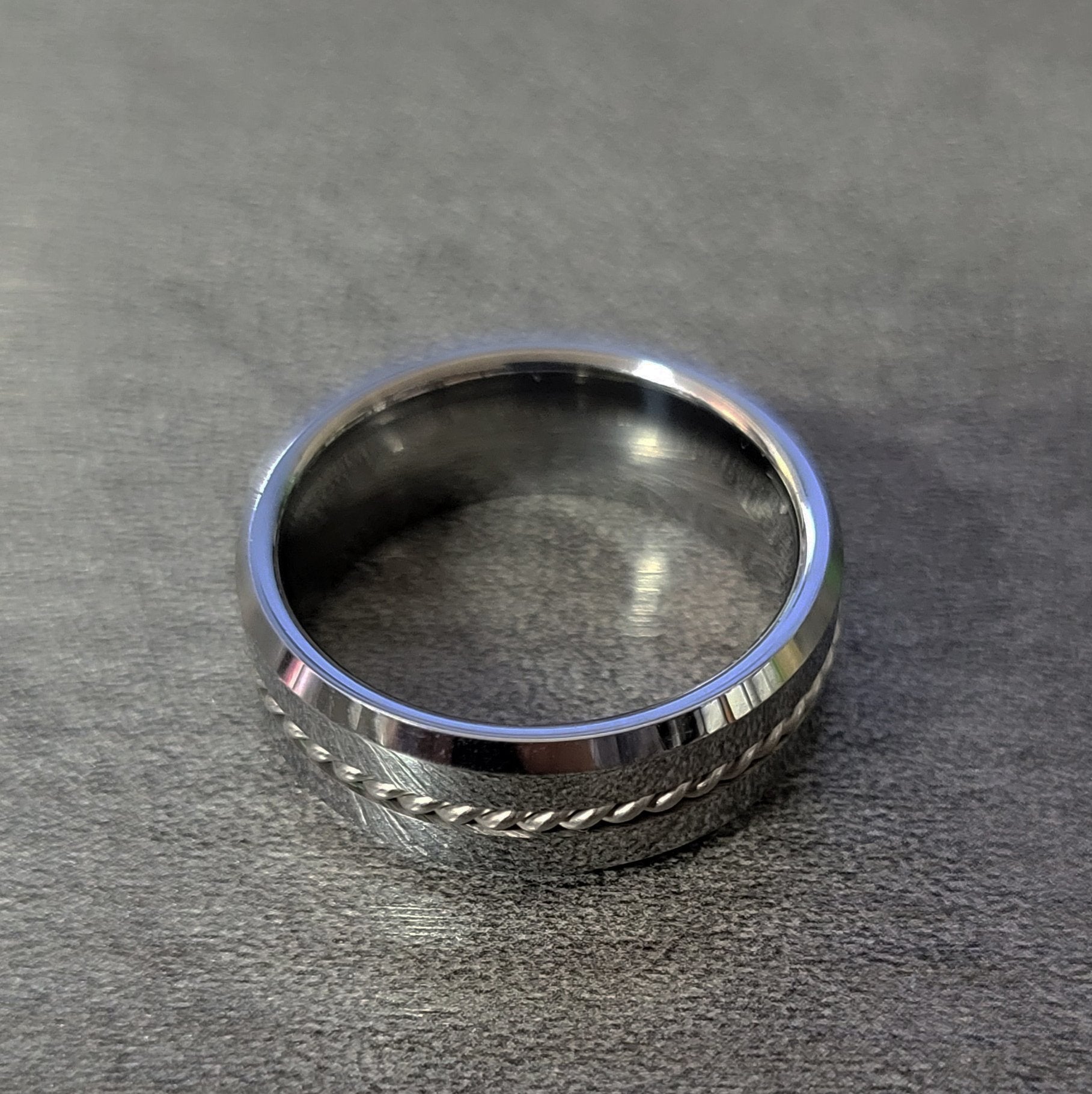 Personalized Men's Real Tungsten Wedding Band - Beveled Wire Cable Inlay