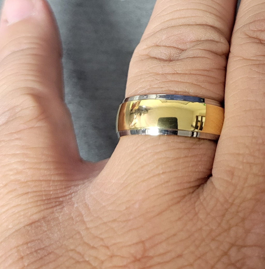 Engraved Men's Titanium Wedding Band - Beveled 14k Gold Over Titanium