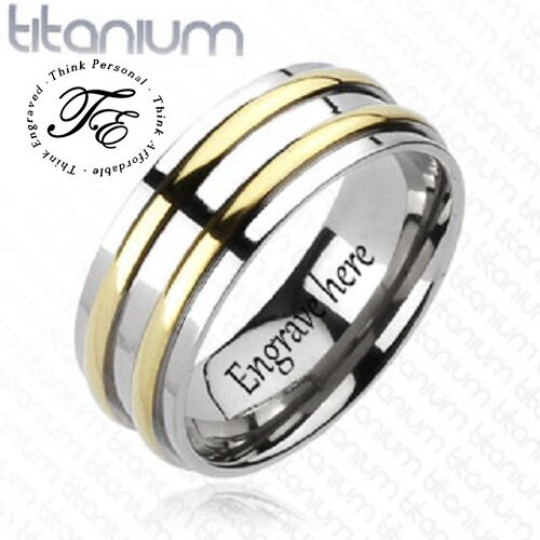 Personalized Men's Titanium Wedding Band - Gold Filled Double Grooved