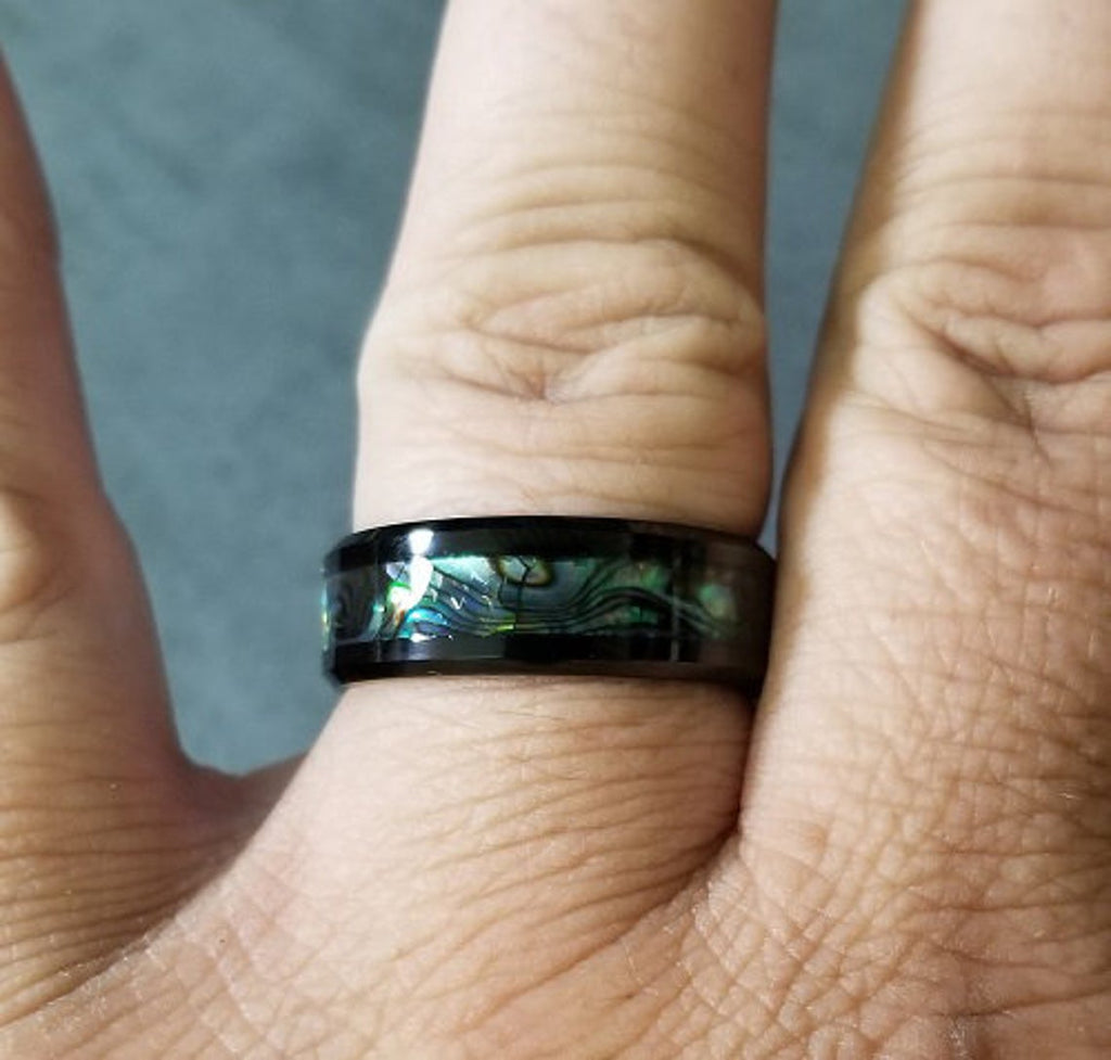 Personalized Men's Tungsten Abalone Wedding Ring - Engraved Handwriting Ring