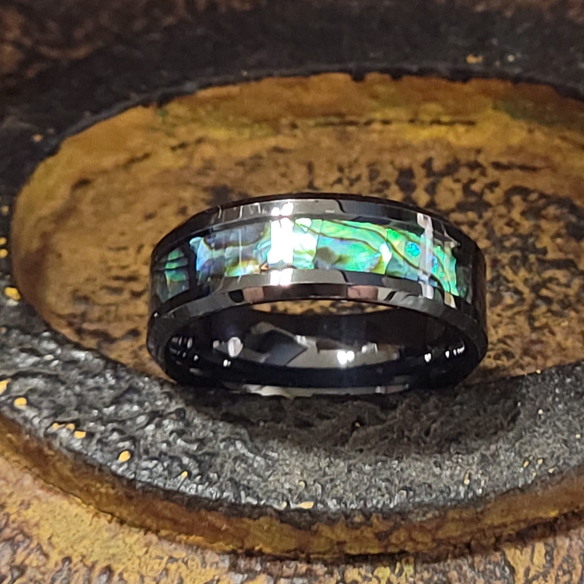 Personalized Men's Tungsten Abalone Wedding Ring - Engraved Handwriting Ring