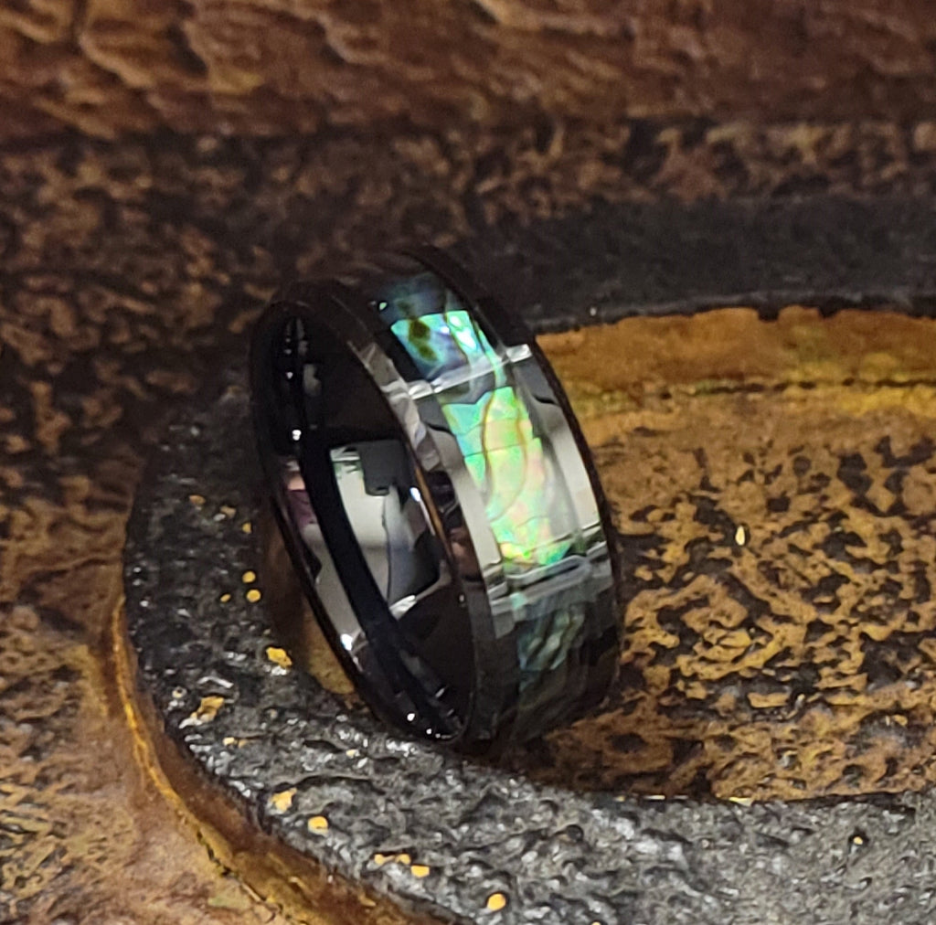 Personalized Men's Tungsten Abalone Wedding Ring - Engraved Handwriting Ring