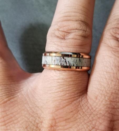 Personalized Men's Tungsten Wedding Band - Deer Antler 14k Rose Gold ip