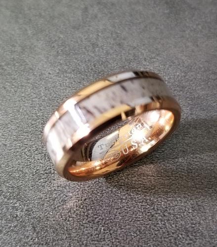 Personalized Men's Tungsten Wedding Band - Deer Antler 14k Rose Gold ip