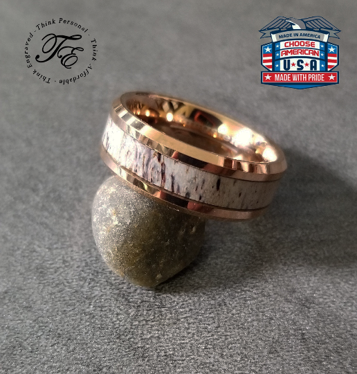 Personalized Men's Tungsten Wedding Band - Deer Antler 14k Rose Gold ip