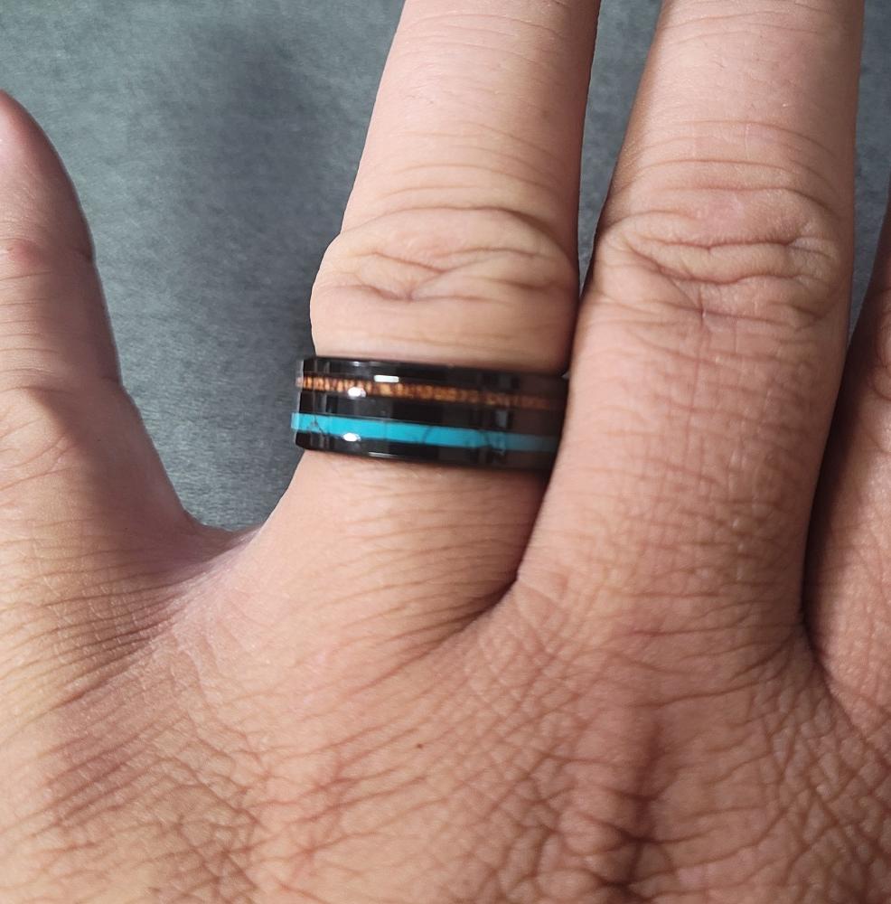 Personalized Men's Tungsten Wedding Band With Turquoise and Wood Inlays