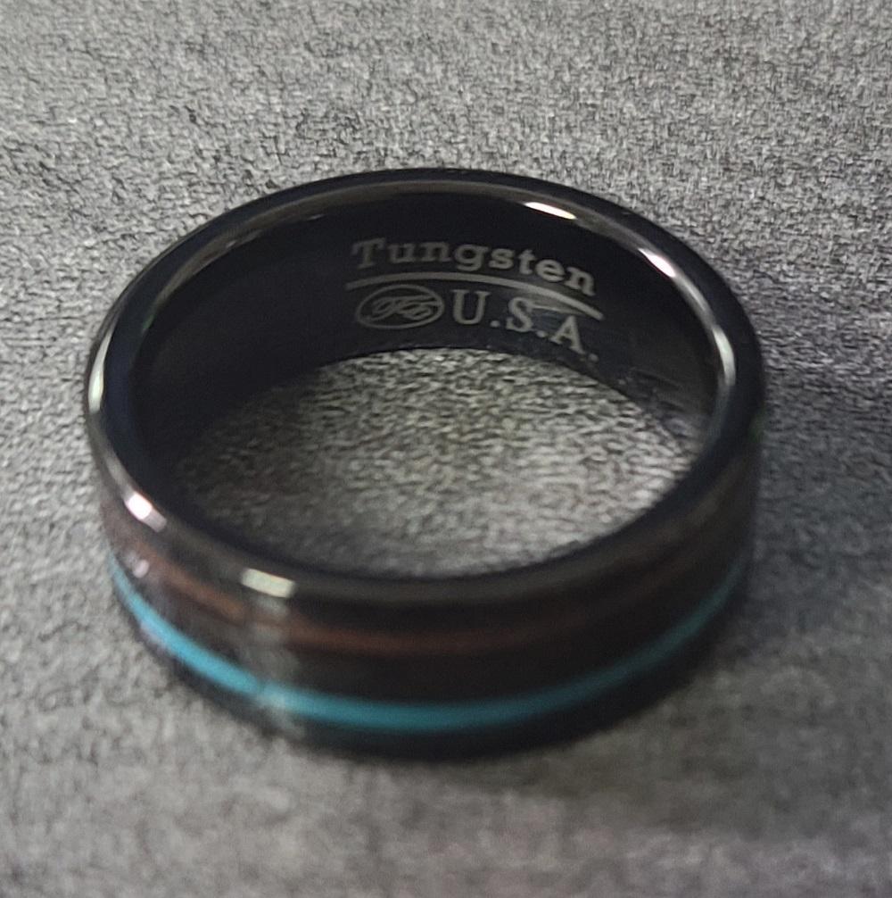 Personalized Men's Tungsten Wedding Band With Turquoise and Wood Inlays