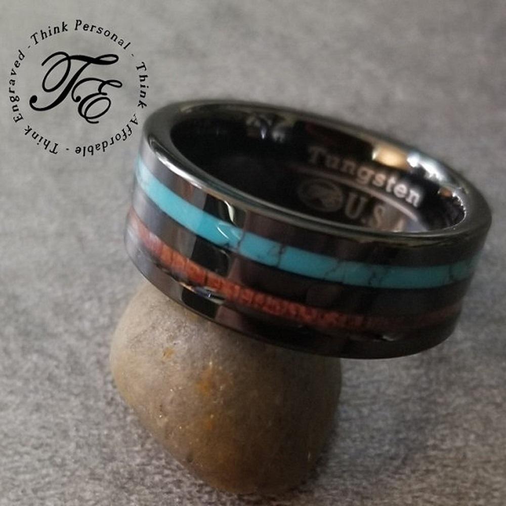 Personalized Men's Tungsten Wedding Band With Turquoise and Wood Inlays