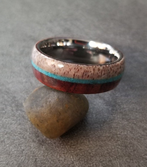 Personalized Men's Tungsten Wedding Band With Turquoise, Antler and Wood