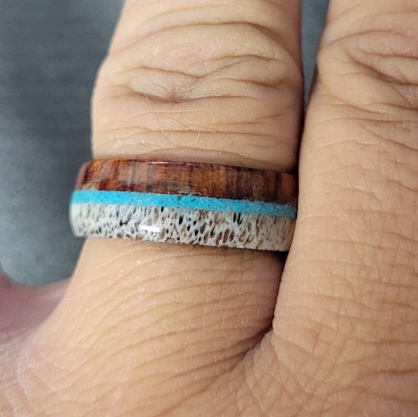 Personalized Men's Tungsten Wedding Band With Turquoise, Antler and Wood