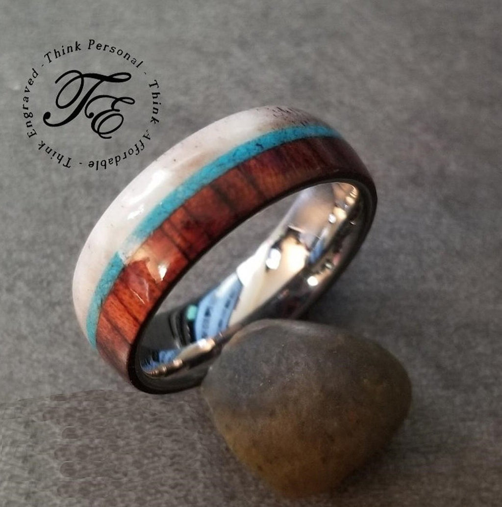 Personalized Men's Tungsten Wedding Band With Turquoise, Antler and Wood