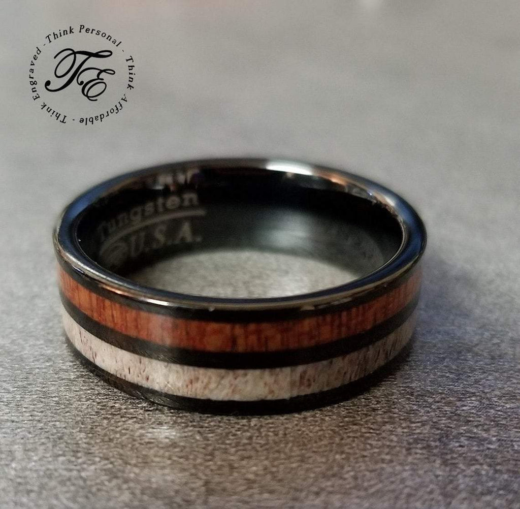 Personalized Men's Tungsten Wedding Band - Wood and Deer Antler Inlays
