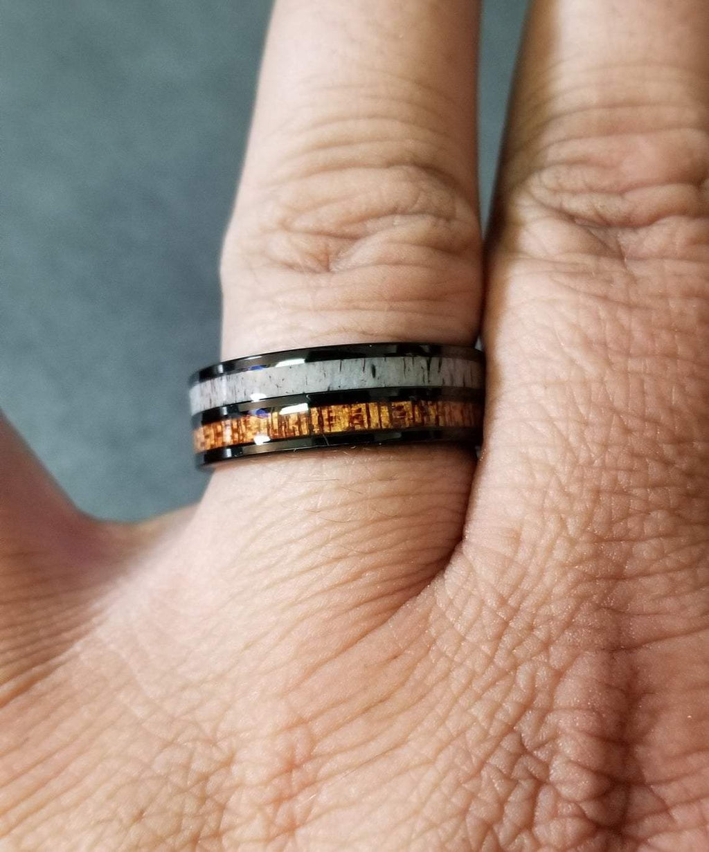 Personalized Men's Tungsten Wedding Band - Wood and Deer Antler Inlays