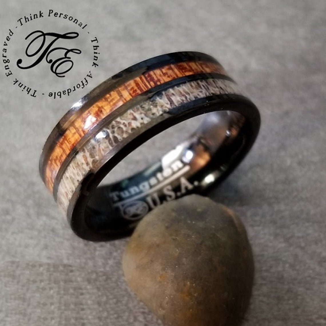Personalized Men's Tungsten Wedding Band - Wood and Deer Antler Inlays