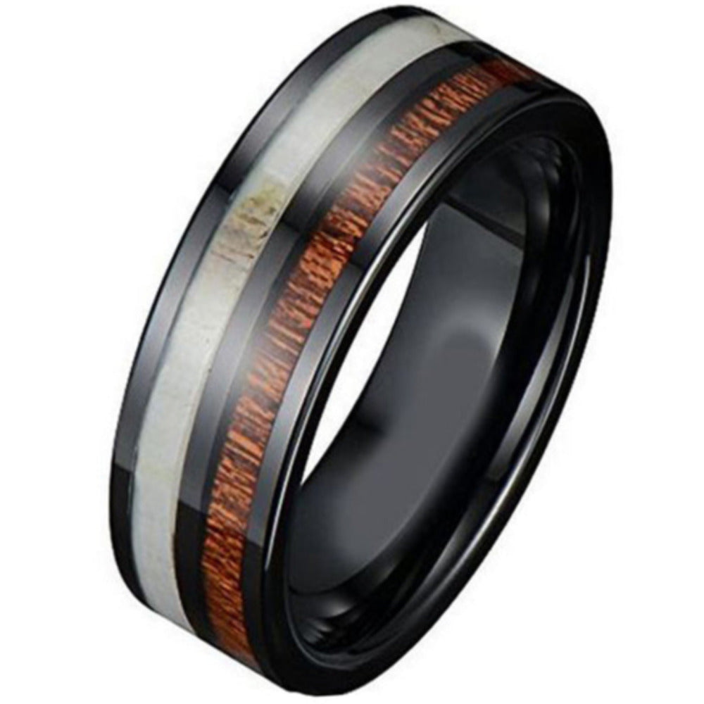 Personalized Men's Tungsten Wedding Band - Wood and Deer Antler Inlays
